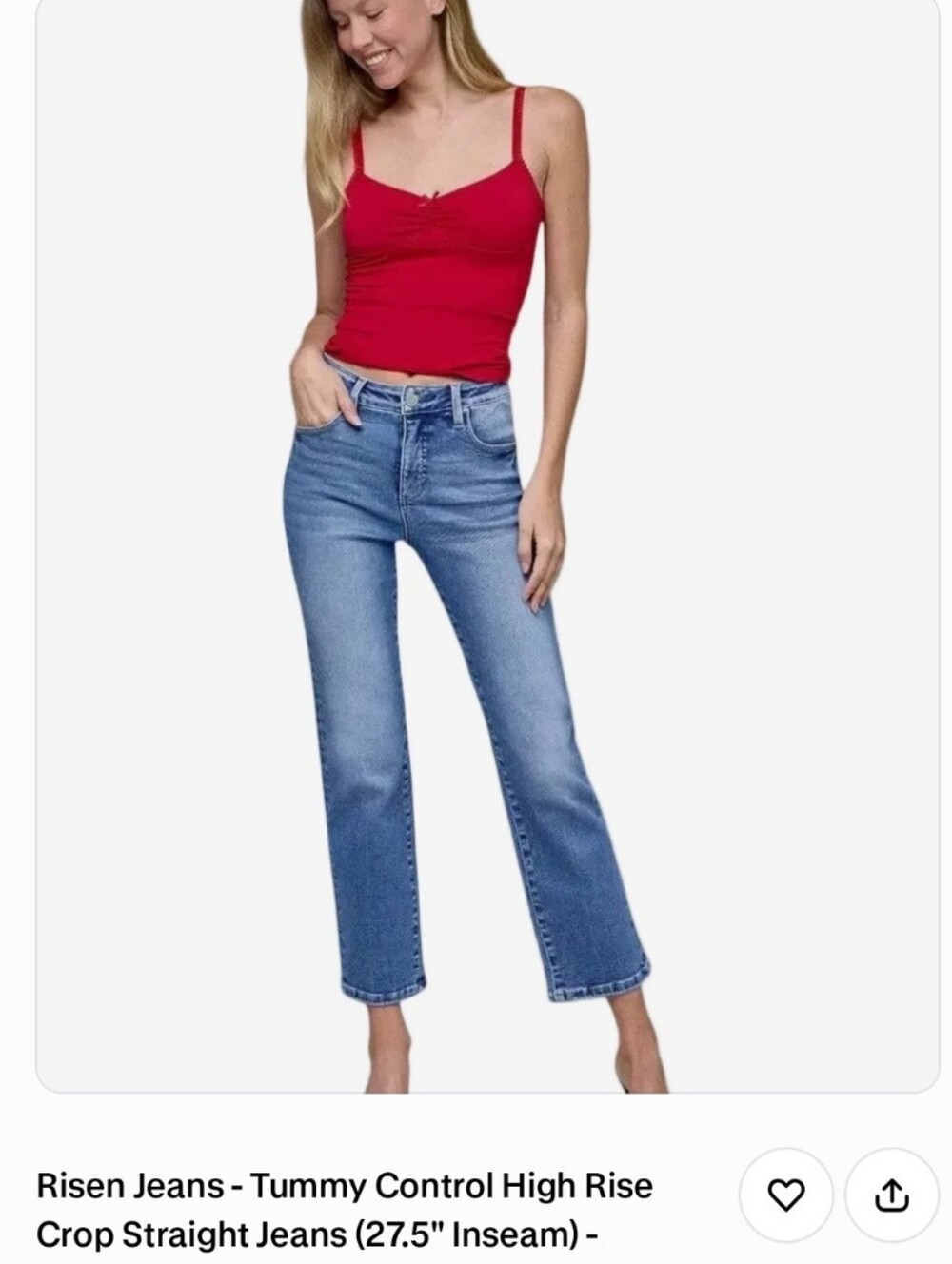 Risen Women's High Rise Tummy Control Straight Cropped Jeans - Medium Blue